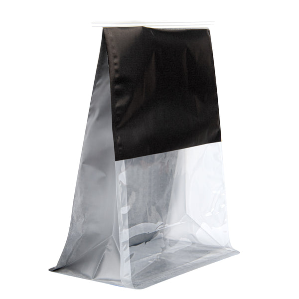 Restaurantware Bag Tek Black Cotton Paper Tin Tie Bag - With Clear Window - 8 3/4" X 4 1/2" X 10 3/4" - 100 Count Box