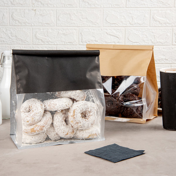 Restaurantware Bag Tek Black Cotton Paper Tin Tie Bag - With Clear Window - 8 3/4" X 4 1/2" X 10 3/4" - 100 Count Box