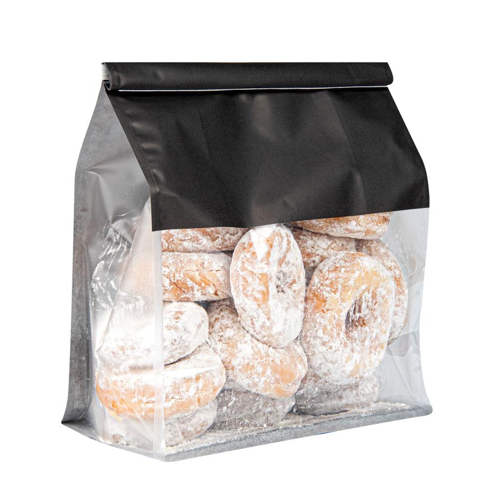 restaurantware Bag Tek Black Cotton Paper Tin Tie Bag - with Clear Window - 8 3/4" x 4 1/2" x 10 3/4" - 100 count box restaurantware Bag Tek Black Cotton Paper Tin Tie Bag - with Clear Window - 8 3/4" x 4 1/2" x 10 3/4" - 100 count box