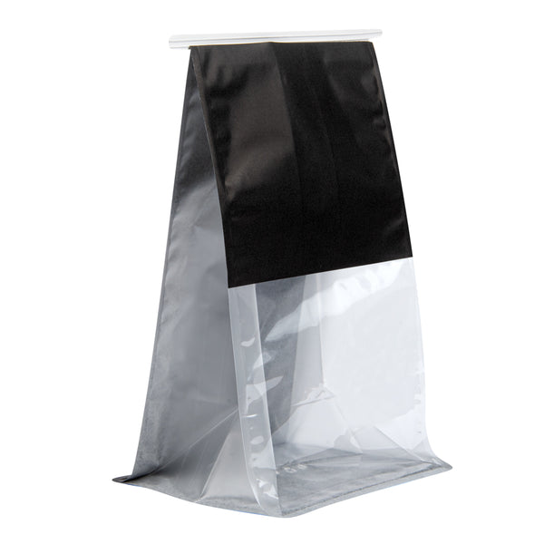 Restaurantware Bag Tek Black Cotton Paper Tin Tie Bag - With Clear Window - 6 1/4" X 5" X 10 1/4" - 100 Count Box