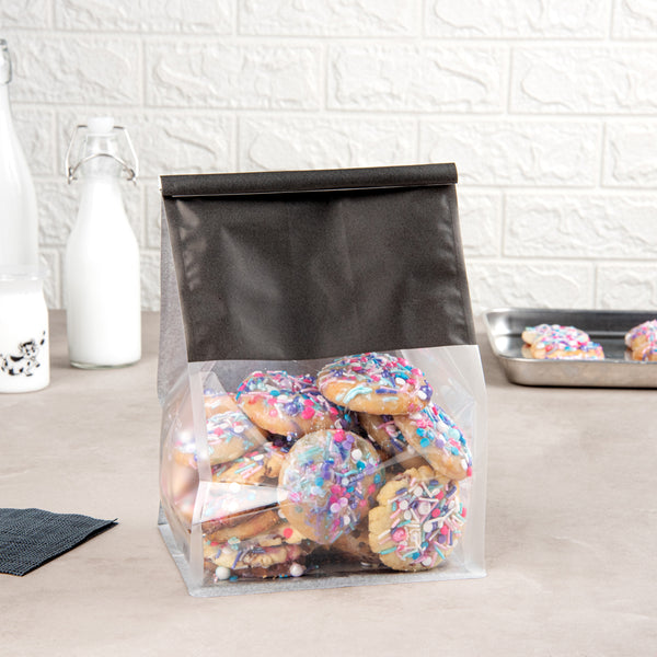 Restaurantware Bag Tek Black Cotton Paper Tin Tie Bag - With Clear Window - 6 1/4" X 5" X 10 1/4" - 100 Count Box