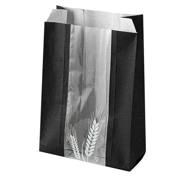 Restaurantware Bag Tek Black Paper Bread Bag - Micro-Perforated Greaseproof Wheat Pattern - 6" X 2 3/4" X 10" - 100 Count Box