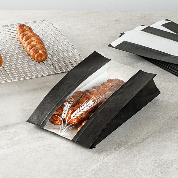Restaurantware Bag Tek Black Paper Bread Bag - Micro-Perforated Greaseproof Wheat Pattern - 6" X 2 3/4" X 10" - 100 Count Box