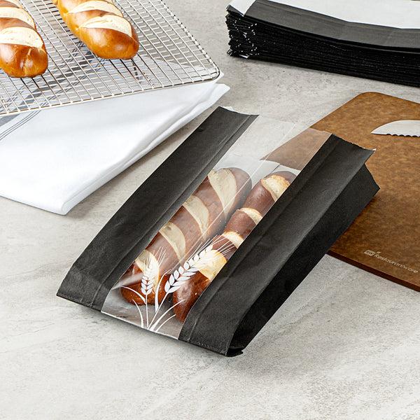 Restaurantware Bag Tek Black Paper Bread Bag - Micro-Perforated Greaseproof Wheat Pattern - 5 3/4" X 2 3/4" X 11 1/2" - 100 Count Box