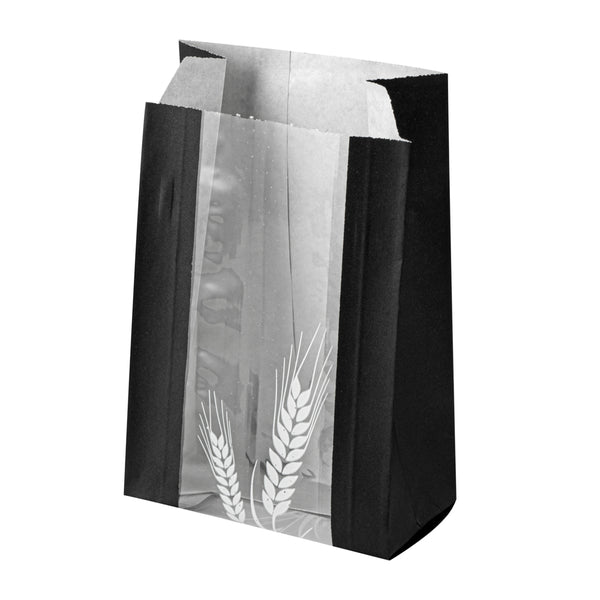 Restaurantware Bag Tek Black Paper Bread Bag - Micro-Perforated Greaseproof Wheat Pattern - 4 1/2" X 2 1/2" X 8 1/2" - 100 Count Box