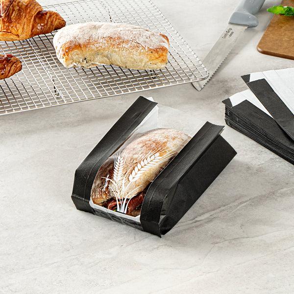 Restaurantware Bag Tek Black Paper Bread Bag - Micro-Perforated Greaseproof Wheat Pattern - 4 1/2" X 2 1/2" X 8 1/2" - 100 Count Box