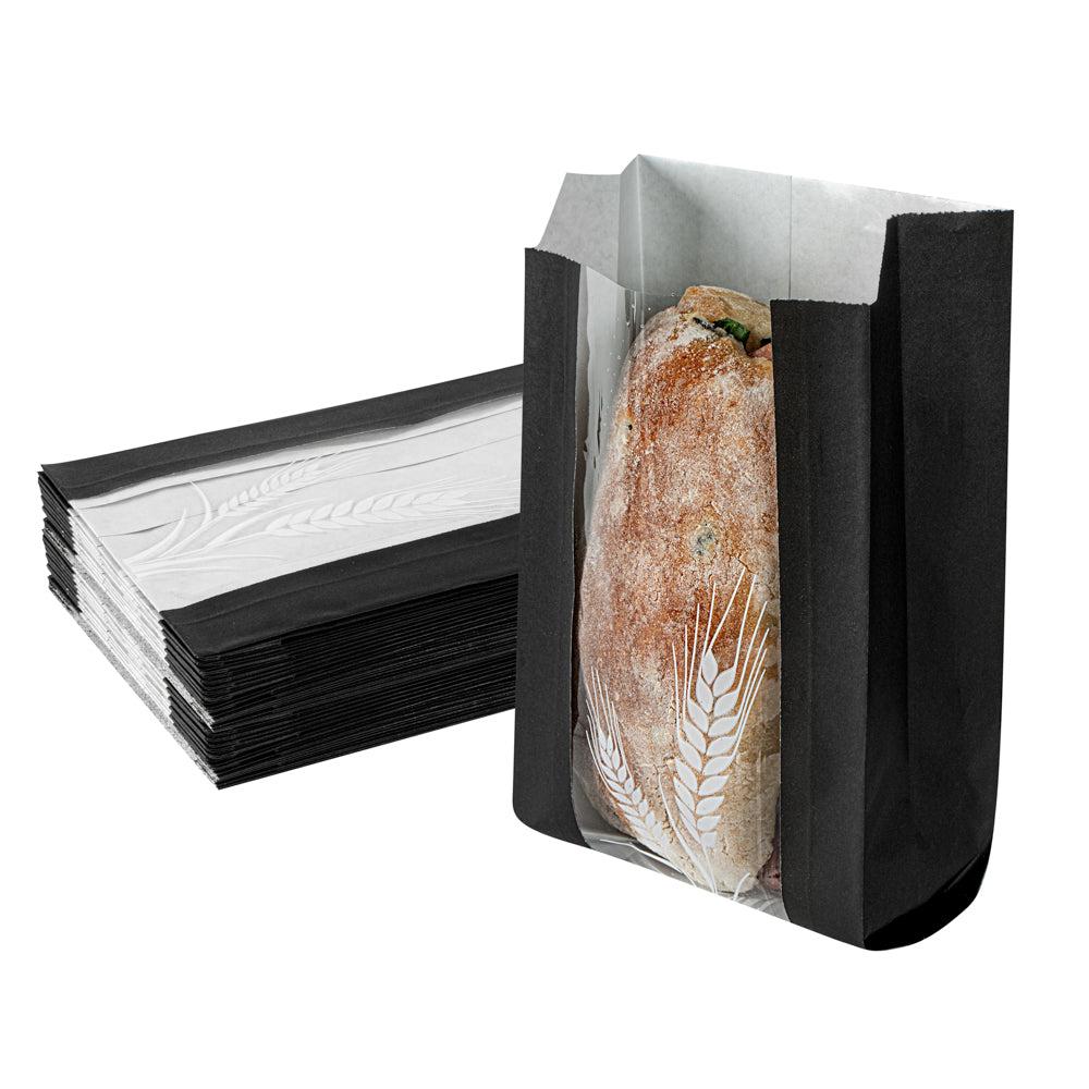 restaurantware Bag Tek Black Paper Bread Bag - Micro-Perforated Greaseproof Wheat Pattern - 4 1/2" x 2 1/2" x 8 1/2" - 100 count box