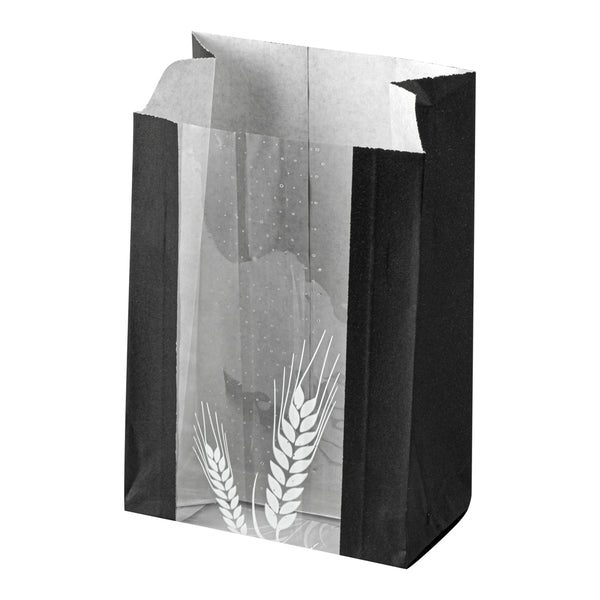 Restaurantware Bag Tek Black Paper Bread Bag - Micro-Perforated Greaseproof Wheat Pattern - 4 3/4" X 2 3/4" X 8 1/2" - 100 Count Box