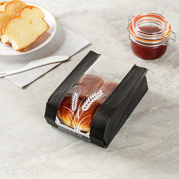 Restaurantware Bag Tek Black Paper Bread Bag - Micro-Perforated Greaseproof Wheat Pattern - 4 3/4" X 2 3/4" X 8 1/2" - 100 Count Box