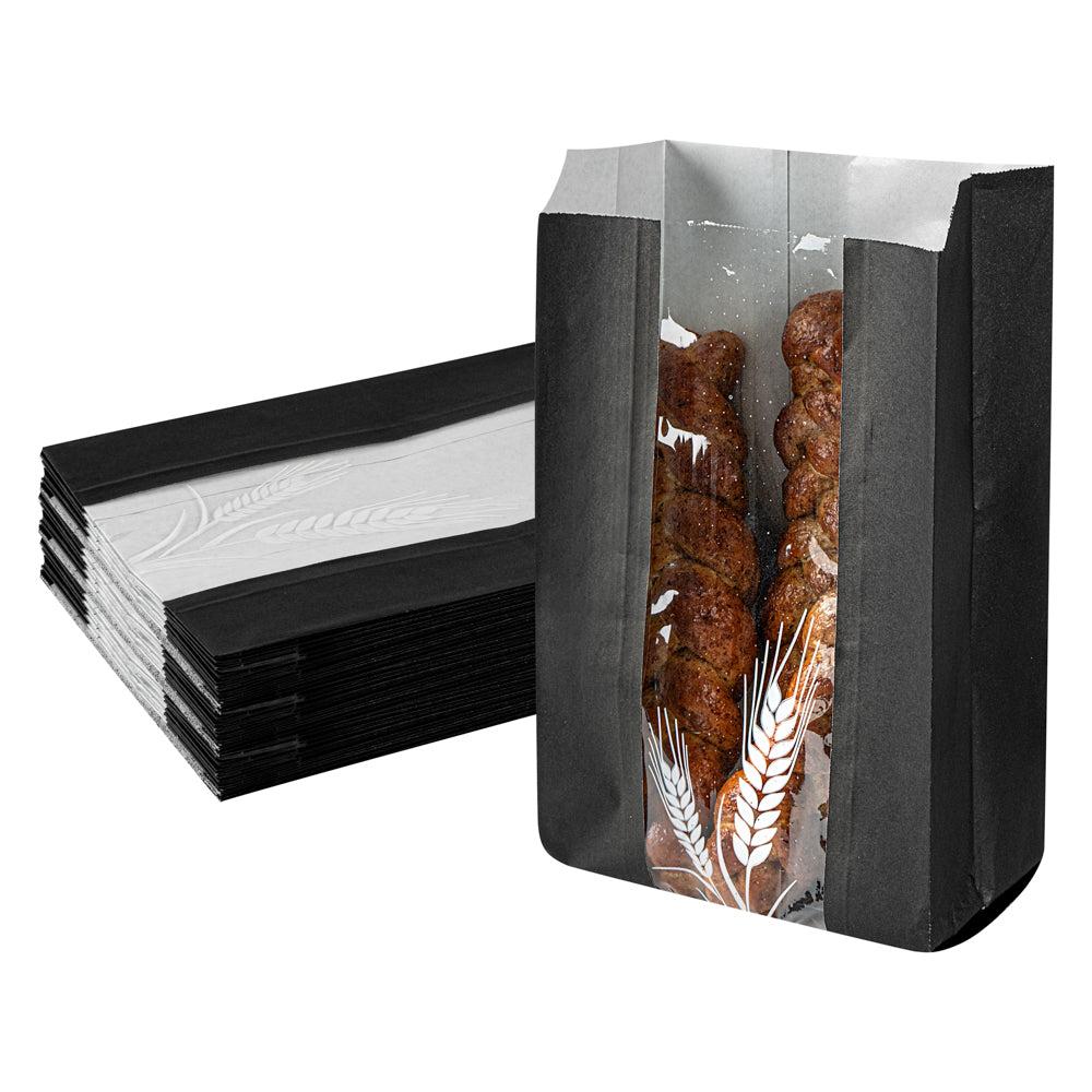 restaurantware Bag Tek Black Paper Bread Bag - Micro-Perforated Greaseproof Wheat Pattern - 6" x 2 3/4" x 10" - 100 count box