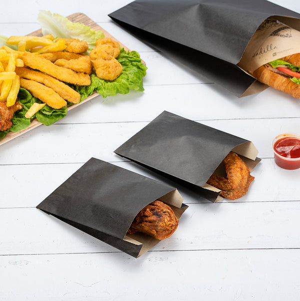 Restaurantware Bag Tek Black Paper French Fry / Snack Bag - 4 1/4" X 1 1/2" X 6 1/4" - 100 Count Box