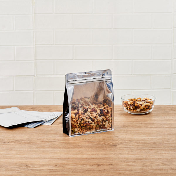 Restaurantware Bag Tek Black Plastic Large Snack Bag - Double Seal Rip Lock Heat Sealable - 9 1/2" X 7 1/2" X 2 3/4" - 100 Count Box