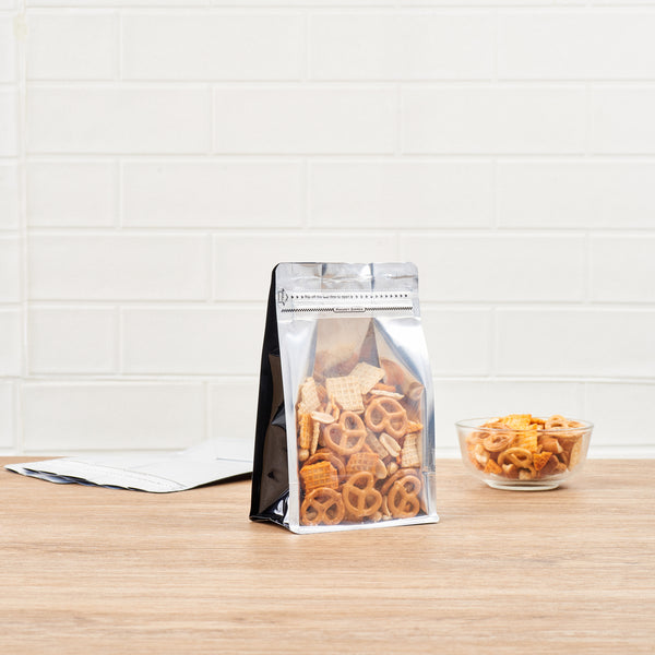 Restaurantware Bag Tek Black Plastic Medium Snack Bag - Double Seal Rip Lock Heat Sealable - 8" X 5" X 3 1/4" - 100 Count Box