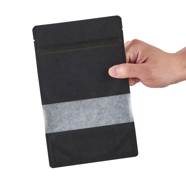 Restaurantware Bag Tek Black Plastic Medium Window Bag - Heat Sealable - 8" X 5" X 1 3/4" - 100 Count Box