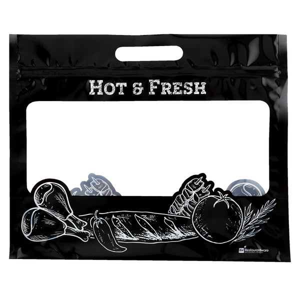 Restaurantware Bag Tek Black Plastic Rotisserie Chicken / Hot Food Bag - Hot & Fresh - 12 3/4" X 5 3/4" X 10 1/4" - 100 Count Box