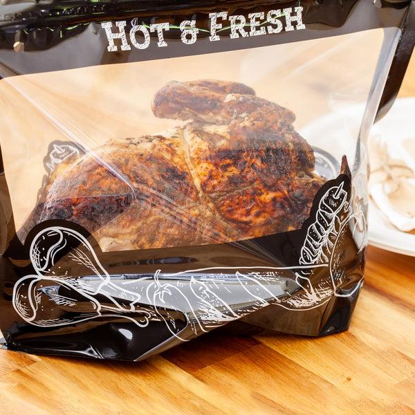 Restaurantware Bag Tek Black Plastic Rotisserie Chicken / Hot Food Bag - Hot & Fresh - 12 3/4" X 5 3/4" X 10 1/4" - 100 Count Box