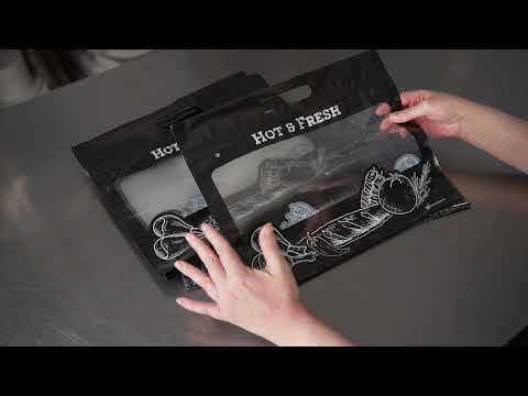 Restaurantware Bag Tek Black Plastic Rotisserie Chicken / Hot Food Bag - Hot & Fresh - 12 3/4" X 5 3/4" X 10 1/4" - 100 Count Box