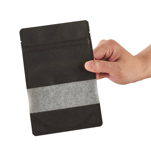 Restaurantware Bag Tek Black Plastic Small Window Bag - Heat Sealable - 7" X 4 3/4" X 1 1/2" - 100 Count Box