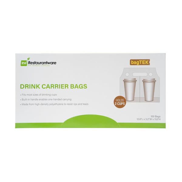 Restaurantware Bag Tek Clear Plastic Drink Carrier Bag - Fits 2 Cups - 12 1/2" X 3 1/4" X 11" - 100 Count Box