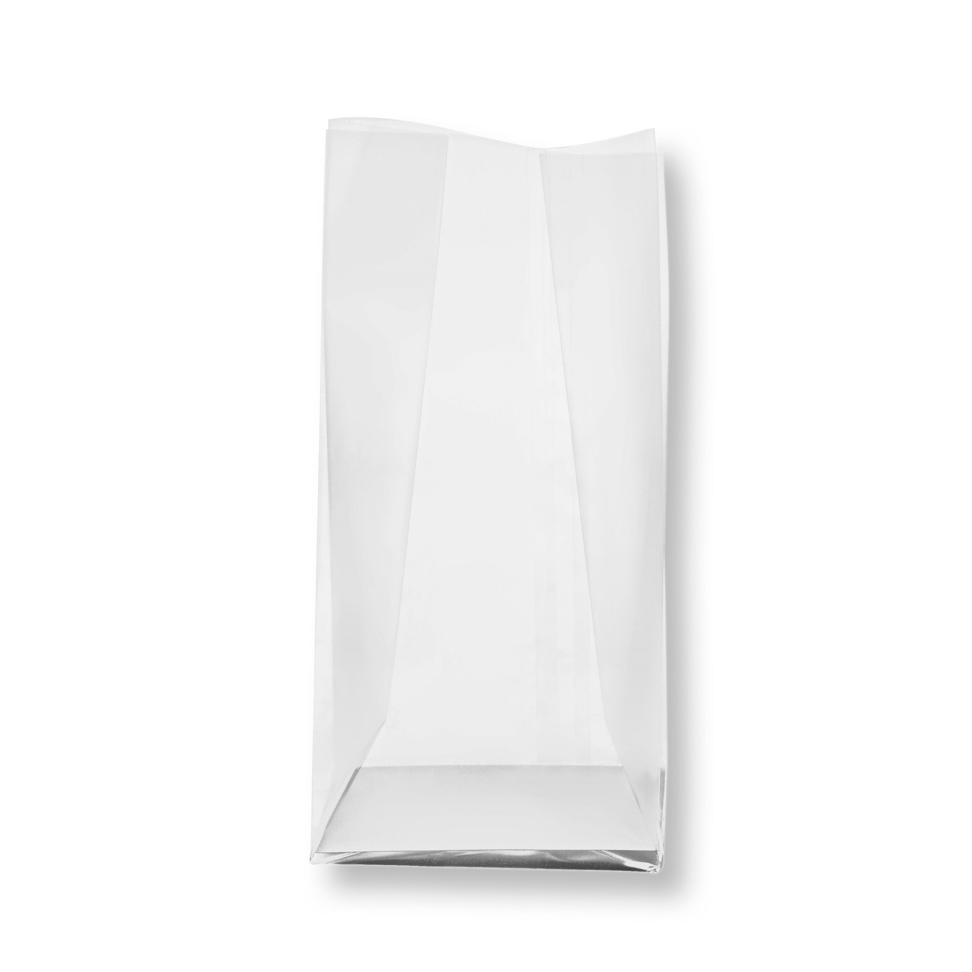 restaurantware Bag Tek Clear Plastic Gusset Bag - Flat Bottom Paper Insert Heat Sealable - 3" x 2" x 6 1/2" - 100 count box