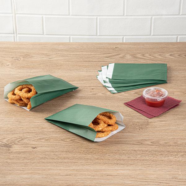 Restaurantware Bag Tek Forest Green Paper French Fry / Snack Bag - 4 1/4" X 1 1/2" X 6 1/4" - 100 Count Box