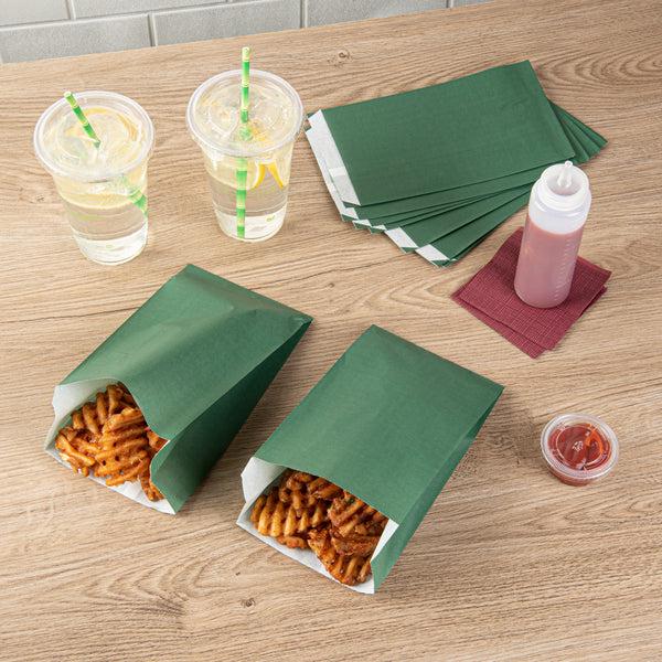Restaurantware Bag Tek Forest Green Paper French Fry / Snack Bag - 5" X 3" X 8 3/4" - 100 Count Box