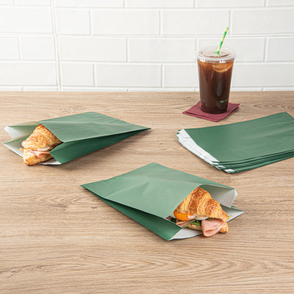 Restaurantware Bag Tek Forest Green Paper French Fry / Snack Bag - 7" X 3" X 11" - 100 Count Box