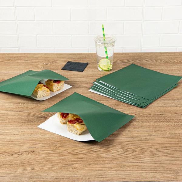 Restaurantware Bag Tek Forest Green Paper Large Double Open Bag - Greaseproof - 10" X 9" - 100 Count Box