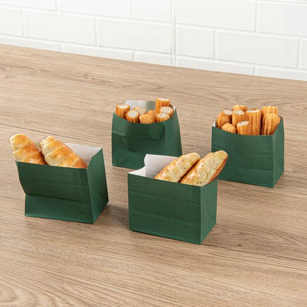 Restaurantware Bag Tek Forest Green Paper Large Snack Bag - 4 1/4" X 2 1/2" X 3 3/4" - 100 Count Box