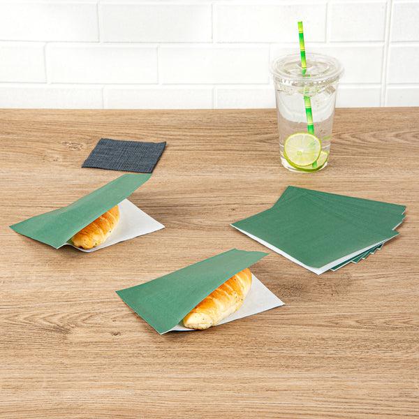 Restaurantware Bag Tek Forest Green Paper Small Double Open Bag - Greaseproof - 6 1/4" X 4 3/4" - 100 Count Box