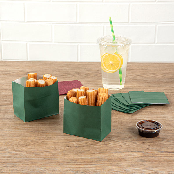 Restaurantware Bag Tek Forest Green Paper Small Snack Bag - 3 3/4" X 2 1/4" X 3 3/4" - 100 Count Box