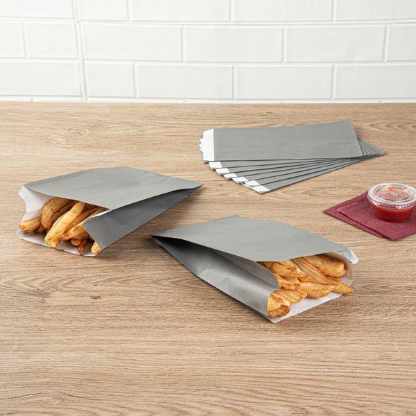 Restaurantware Bag Tek Gray Paper French Fry / Snack Bag - 5" X 3" X 8 3/4" - 100 Count Box