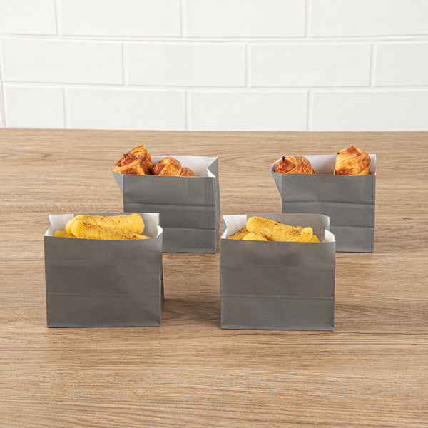 Restaurantware Bag Tek Gray Paper Large Snack Bag - 4 1/4" X 2 1/2" X 3 3/4" - 100 Count Box