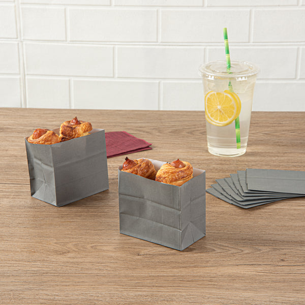 Restaurantware Bag Tek Gray Paper Small Snack Bag - 3 3/4" X 2 1/4" X 3 3/4" - 100 Count Box