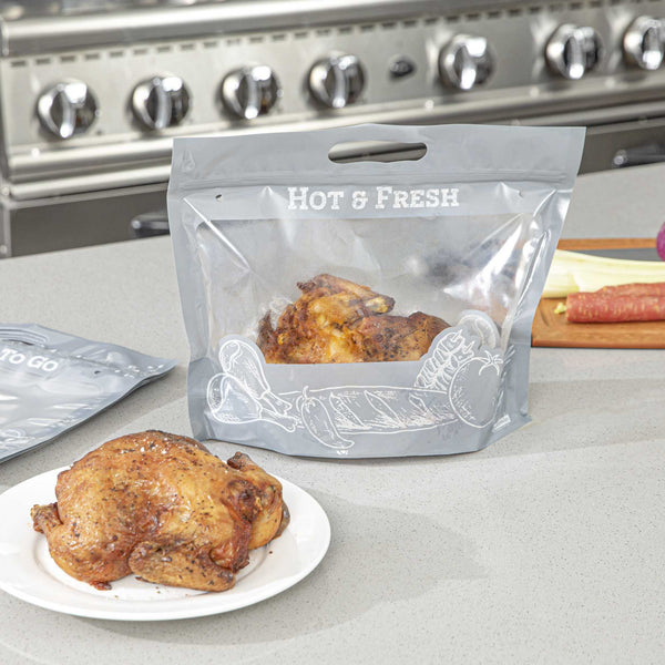 Restaurantware Bag Tek Gray Plastic Rotisserie Chicken / Hot Food Bag - Hot & Fresh - 12 3/4" X 5 3/4" X 10 1/4" - 100 Count Box