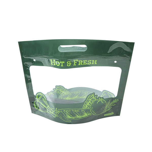 Restaurantware Bag Tek Green Plastic Rotisserie Chicken / Hot Food Bag - Hot & Fresh - 12 3/4 X 5 3/4 X 10 1/4 - 100 Count Box