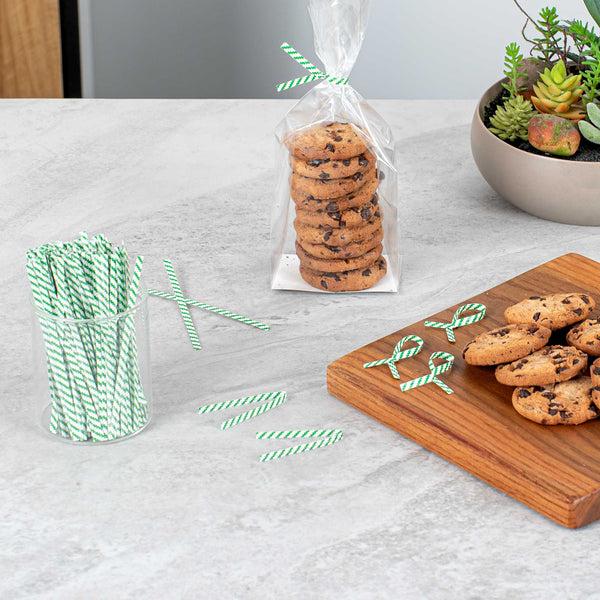 Restaurantware Bag Tek Green Stripe Paper Twist Tie / Bag Tie - Laminated - 4" - 50000 Count Box