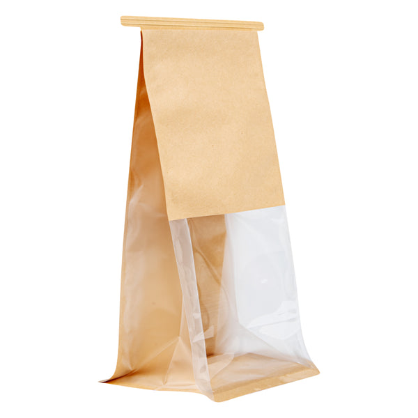 Restaurantware Bag Tek Kraft Cotton Paper Tin Tie Bag - With Clear Window - 5" X 4" X 11 1/4" - 100 Count Box