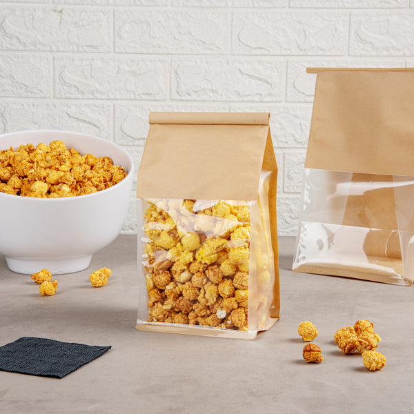 Restaurantware Bag Tek Kraft Cotton Paper Tin Tie Bag - With Clear Window - 5" X 4" X 11 1/4" - 100 Count Box