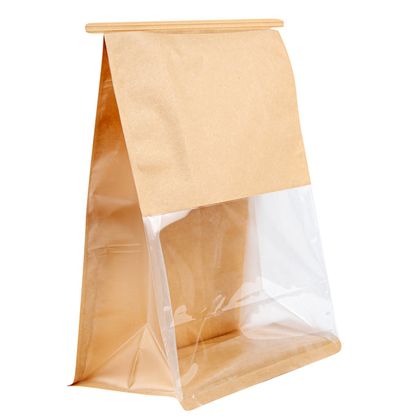Restaurantware Bag Tek Kraft Cotton Paper Tin Tie Bag - With Clear Window - 8 3/4" X 4 1/2" X 10 3/4" - 100 Count Box
