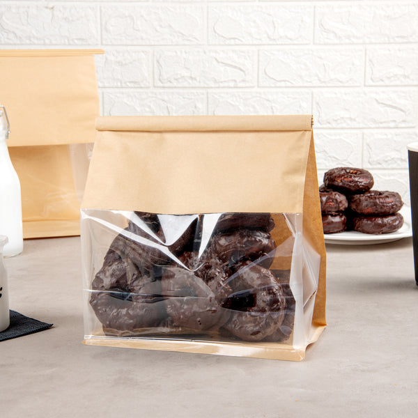 Restaurantware Bag Tek Kraft Cotton Paper Tin Tie Bag - With Clear Window - 8 3/4" X 4 1/2" X 10 3/4" - 100 Count Box