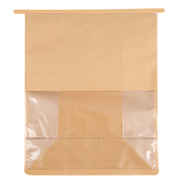 Restaurantware Bag Tek Kraft Cotton Paper Tin Tie Bag - With Clear Window - 8 3/4" X 4 1/2" X 10 3/4" - 100 Count Box