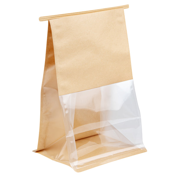 Restaurantware Bag Tek Kraft Cotton Paper Tin Tie Bag - With Clear Window - 6 1/4" X 5" X 10 1/4" - 100 Count Box