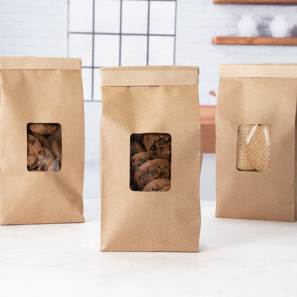 Restaurantware Bag Tek Kraft Paper Bakery / Coffee Tin Tie Bag - With Window - 4 3/4" X 2 1/2" X 9 3/4" - 100 Count Box