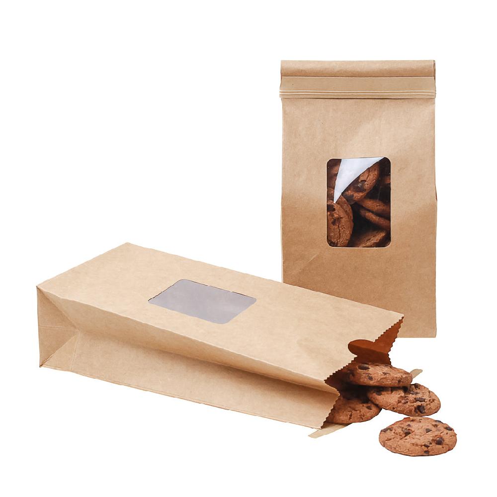 restaurantware Bag Tek Kraft Paper Bakery / Coffee Tin Tie Bag - with Window - 4 3/4" x 2 1/2" x 9 3/4" - 100 count box