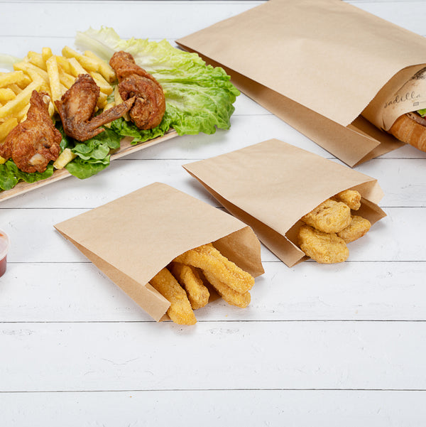 Restaurantware Bag Tek Kraft Paper French Fry / Snack Bag - 4 1/4" X 1 1/2" X 6 1/4" - 100 Count Box