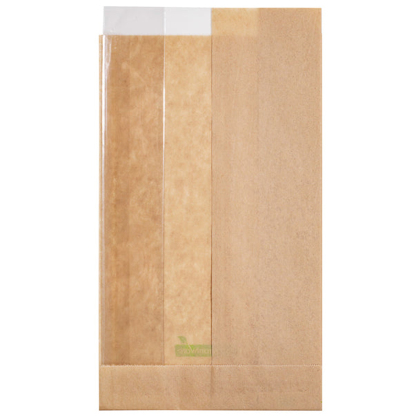 Restaurantware Bag Tek Kraft Paper Small Bread Bag - With Side Window - 4 3/4" X 2 3/4" X 8 1/2" - 100 Count Box