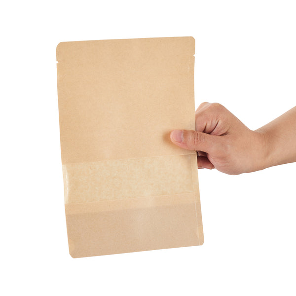 Restaurantware Bag Tek Kraft Plastic Large Window Bag - Heat Sealable - 9" X 6" X 1 1/2" - 100 Count Box