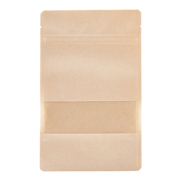 Restaurantware Bag Tek Kraft Plastic Medium Window Bag - Heat Sealable - 8" X 5" X 1 3/4" - 100 Count Box