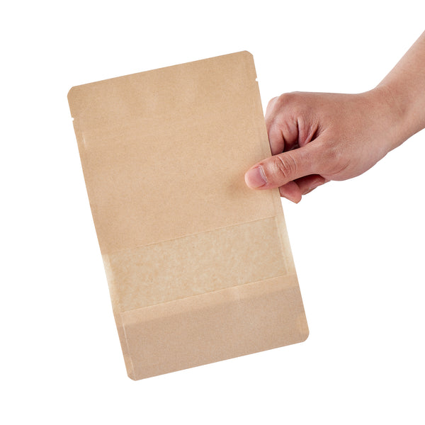 Restaurantware Bag Tek Kraft Plastic Medium Window Bag - Heat Sealable - 8" X 5" X 1 3/4" - 100 Count Box